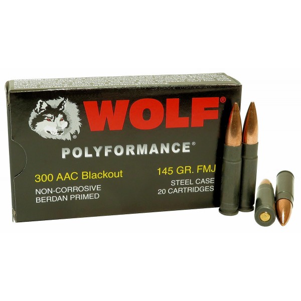 300 AAC Blackout Ammo 145gr FMJ /Wolf Polyformance / 20 Round Box